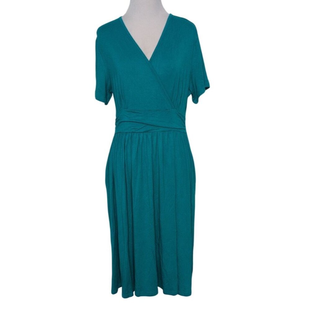 Lilbetter Faux Wrap Dress Womens Size Large Turquoise Blue Pockets Stretch NEW